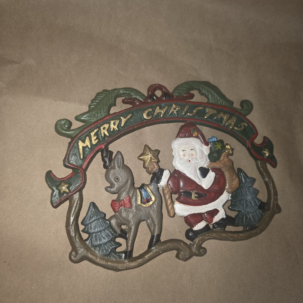 Vintage Merry Christmas Trivet Hot Plate Painted Cast Iron Santa Reindeer Trees